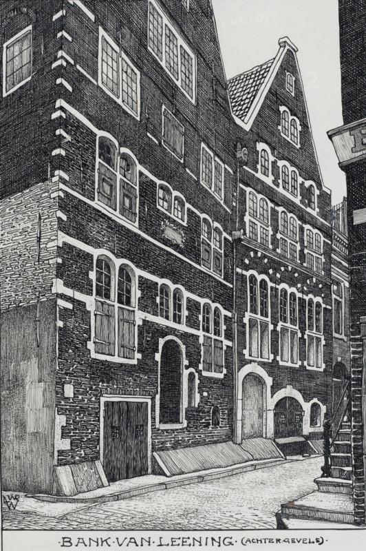 Rear facades of the Bank van Lening in Amsterdam, drawing, draftsman (artist): Willem Wenckebach, Amsterdam, 1870 - 1926, draftsman (artist), paint (coating), materials by function, paper, deck paint, ink, pencil, pen, pen in black, white opaque paint, height 222 mm x width 152 mm, urban housing, Stadsbank van Lening, A detailed black and white ink drawing of a narrow street flanked by tall, ornate brick buildings with multiple rows of windows and arched doorways, showing textured brickwork, decorative stone trim around windows and doors, shutters on some windows, patterned roof tiles on a steep gable, a lamppost attached to one façade, stepped stone curbs and a cobbled street surface, wooden doors set into recessed arches, small basement access covers along the pavement, and a stair with a railing visible at the right edge.