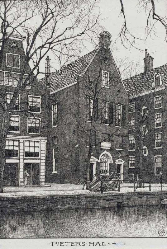 Pieters Hal in Amsterdam, drawing, draftsman (artist): Willem Wenckebach, Amsterdam, 1870 - 1926, draftsman (artist), paint (coating), materials by function, paper, deck paint, ink, pencil, pen, pen in black, white opaque paint, height 191 mm x width 131 mm, street, Grote Vleeshal, A detailed black and white drawing of a row of tall brick buildings facing a canal, with leafless tree branches stretching across the sky in front of the buildings. The central building has a steep gabled roof with a decorative top and an arched entrance flanked by pilasters, and several tall, narrow windows. To the left, a building with multiple rectangular windows and a storefront opening is visible, while to the right additional brick facades with windows and chimneys are shown. A wooden cart with large spoked wheels is parked on the sidewalk near the entrance, and a few small indistinct figures stand or walk along the street. In the foreground the textured surface of the canal water is visible, bordered ...