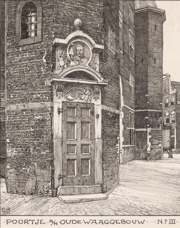 Gate at the Oude Waaggebouw, no. III, drawing, draftsman (artist): Willem Wenckebach, Amsterdam, 1870 - 1926, draftsman (artist), materials by function, paper, ink, pencil, pen, pen in black, height 203 mm x width 162 mm, monumental door, porch, 'aediculum', Waag on the Nieuwmarkt, A detailed pen drawing of a corner of a brick building featuring a tall wooden door with recessed panels and metal fittings set into a stone surround, above which is an ornate arched pediment containing a circular medallion with a carved bust and flanking decorative elements, and a rounded finial atop the pediment; the brickwork shows varied courses and mortar lines, and a small arched window with divided panes sits higher on the wall; to the right a tall narrow tower rises with small openings and adjacent vertical facades with rectangular windows, while the foreground shows a paved street with linear texture and a low step at the door.