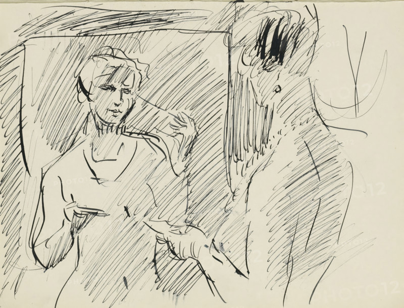 Woman standing in front of a mirror, sketchbook sheet, Sheet 4 verso and sheet 5 recto from sketchbook XXIV with 10 sheets., draftsman (artist): Isaac Israels, The Hague, 1875 - 1934, draftsman (artist), materials by function, paper, pencil, ink, pen, pencil and pen in black, height 261 mm x width 193 mm, reflection (in a mirror), adult woman (standing), The image is entirely black with no distinguishable objects, colors, or features visible.
