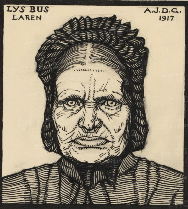 Lys Bus Laren, Portrait of Lys Bus, drawing, annotation: 'Gift, Mr de Graag, Nov. 1935', inscription: 'RP ink', draftsman (artist): Julie de Graag (signed by artist), Laren (Noord-Holland), 1917, draftsman (artist), materials by function, paper, ink, pencil, pen, pen in black over pencil, height 219 mm x width 179 mm, Person, Lys Bus, historical persons, A black ink drawing of an older person's face and upper torso on a light background, showing tightly patterned hair framed close to the head, deep wrinkles and lines across the forehead and around the eyes, pronounced cheek and mouth creases, a broad nose, and full lips; the person wears a striped, high-collared garment with dense horizontal and vertical line shading, and the image is bordered by a dark rectangular frame.