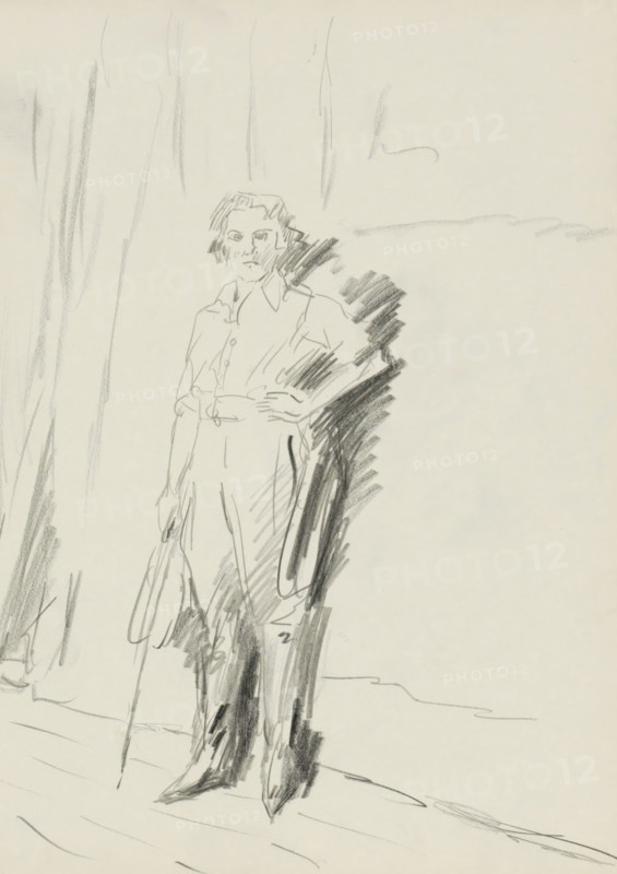 Standing figure in front of a wall or backdrop, sketchbook page, Possibly in a uniform. Sheet 13 verso from sketchbook XVII with 31 sheets., draftsman (artist): Isaac Israels, The Hague, c. 1915 - 1934, draftsman (artist), paper, pencil, height 234 mm x width 308 mm, standing figure, (military) uniforms, the stage and its equipment, A pencil sketch on light paper shows a standing man wearing a long coat with a high collar and visible buttons, his hands held together at waist level, with darker shading along one side of his coat and legs suggesting shadow; his face is lightly detailed with hair and facial features, and loose sketch lines extend around him indicating a floor and vertical background elements.