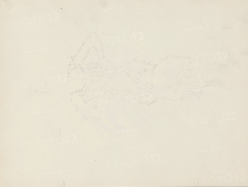 Abklatsch of the pencil drawing on page 12 recto, sketchbook page, page 11 verso from sketchbook XVIII with 35 pages., draftsman (artist): Isaac Israels, The Hague, c. 1915 - 1934, draftsman (artist), paper, Abklatsch, abklatsch of a pencil drawing, height 232 mm x width 312 mm, A pale, off-white sheet with faint, light-gray pencil marks forming an indistinct, sketch-like cluster near the upper center, subtle smudges and small dots scattered across the surface, and slight creases and tonal variations around the edges.