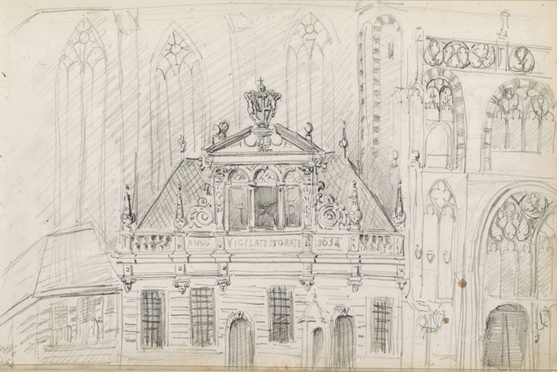 St. Michael's Church in Zwolle, sketchbook page, Page 27 recto from a sketchbook with 58 pages., date and inscription: 'Zwolle, Jun. 64', draftsman (artist): Isaac Gosschalk, Zwolle, draftsman (artist): Joseph Henry Gosschalk, 1864-06, Isaac Gosschalk, Joseph Henry Gosschalk, draftsman (artist), paper, pencil, height 200 mm x width 296 mm, church (exterior), St. Michael's Church (Zwolle), A detailed pencil sketch of a building facade with ornate architectural features fills the image, showing a central pediment topped by an elaborate crest and flanked by decorative finials and scrollwork, a steeply pitched roof with patterned shading, and a balustraded terrace beneath the pediment. Tall arched windows with tracery rise behind the roofline, indicated by vertical shaded strokes, while to the right additional arched openings and ornamental balconies are sketched with curved moldings and carved motifs. The lower portion displays rows of rectangular windows and arched doorways set into a ru...