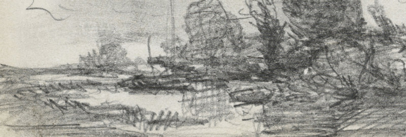 Sketch of a landscape with bossage, drawing, draftsman (artist): Willem Roelofs (I), 1832 - 1897, draftsman (artist), paper, pencil, height 45 mm x width 96 mm, landscapes with waters, waterscapes, seascapes (in the temperature zone), A grayscale pencil sketch showing a horizontal landscape with a body of water in the foreground and midground, rough reflections and rippling pencil marks on its surface, grassy and rocky shoreline forms along the edges, clusters of dark, textured trees and foliage rising on the right and farther back toward the center, softer, lighter shading suggesting distant land and low vegetation on the left, and loose, expressive pencil strokes throughout that create a layered, atmospheric scene.