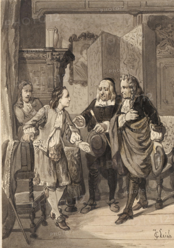 Four men in seventeenth-century clothing in an interior, drawing, design, inscription: 'JC Leich, A FAILED JOURNEY.', draftsman (artist): Johan Coenraad Leich (signed by artist), in or before 1866, draftsman (artist), materials by function, paper, ink, pen, brush, pen in grey with brush in grey, brown and black, height 167 mm x width 115 mm, Design for an illustration for the story A Failed Journey by JA Molster that appeared in: Duyl, AGC van. The Netherlands. Amsterdam: Loman & Verster, 1866, vol. 2., interior of the house, A grayscale scene shows four people in historical attire standing in an interior with ornate paneling and patterned screens. One young person with long hair and decorative cuffs faces three older figures, extending a hand while holding a hat at their side. The three older figures wear long coats and cravats; one central older person holds a cane and a hat and looks toward the young person, while another to the right clasps a hand to the chest and holds a hat at th...