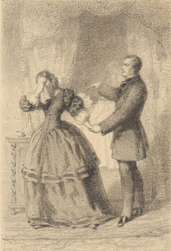 He at least was our child, Madam!, Couple at the deathbed of their child, drawing, The woman holds a handkerchief to her face. Her husband holds her hand and points to the deceased child on the bed., inscription: 'Pag. 142.', draftsman (artist): Lambertus Lingeman (signed by artist), 1839 - 1894, draftsman (artist), paper, pencil, height 182 mm x width 116 mm, Possibly a design for a (book) illustration given the reference to a page number., deathbed, parents with their children, weeping, A charcoal or pencil drawing of two standing figures in period clothing inside a room, one figure facing away with a full skirt and puffed sleeves covering their face with hands, the other facing sideways with an outstretched arm holding a cloth or handkerchief toward the first figure, both rendered in soft shading against a textured wall and curtained background with a small table visible to the left.