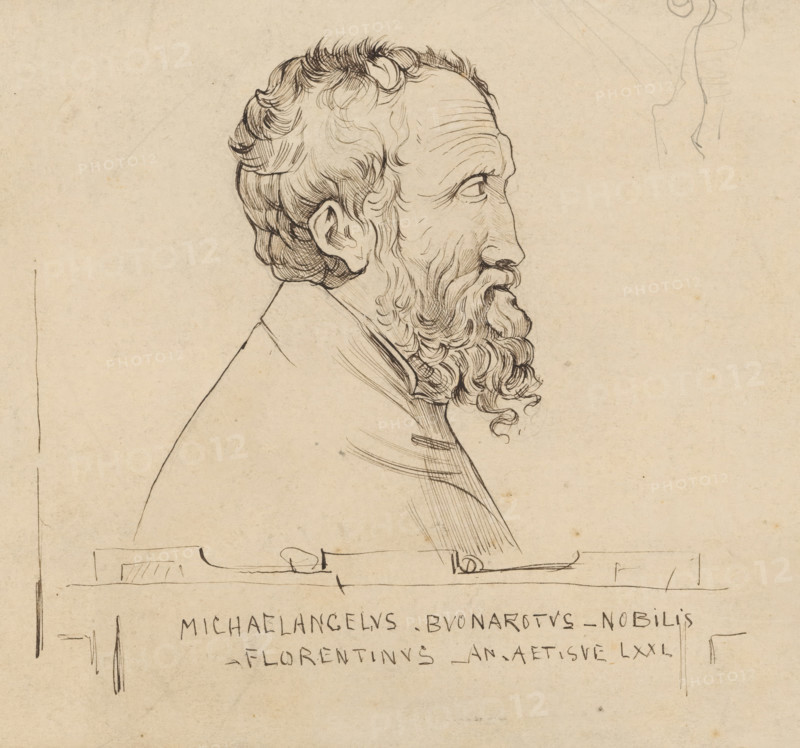 Portrait of Michelangelo at the age of 71, drawing, Portrait of Michelangelo with caption: MICHAELANGELUS BUONAROTUS NOBILIS, FLORENTINUS - AN. AET. SUE LXXI., annotation: '...136, 30', draftsman (artist): Nicolaas van der Waay, Italy, after print by Enea Vico, after print by Giulio Bonasone, 1884, Enea Vico, Giulio Bonasone, draftsman (artist), after print by, materials by function, paper, ink, pencil, pen, pen in black over pencil, height 162 mm x width 249 mm, Person, Michelangelo, portrait, self-portrait of artist, A pen-and-ink profile drawing of an elderly man on a light beige paper, showing his head and upper shoulders facing right; he has wavy hair with defined strands, a prominent forehead with fine lines, a hooked nose, a long curly beard with detailed strokes, a visible ear and eye with a contemplative gaze, and a collared garment; faint sketch marks and simple linear framing appear around the figure, and the paper shows slight discoloration and age spots.