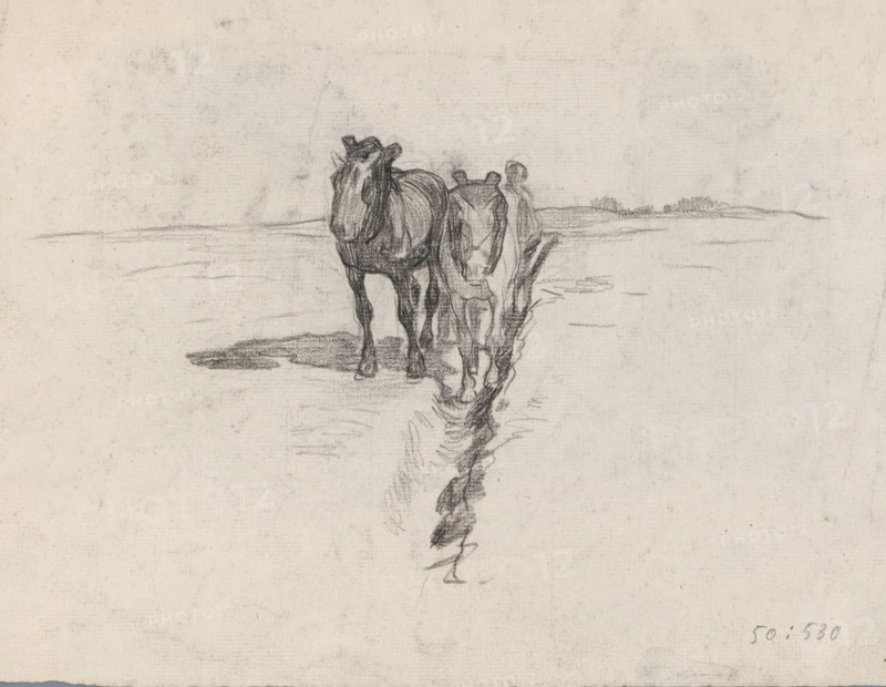 Team of horses along a ditch, drawing, draftsman (artist): Pieter de Josselin de Jong, 1871 - 1906, draftsman (artist), inorganic material, paper, chalk, black chalk, height 220 mm x width 293 mm, horse, A pencil sketch of two horses standing on a flat expanse with their reflections faintly drawn below them, the horses facing forward with visible harnesses and shaded musculature, one slightly in front of the other, with faint horizon lines and low distant vegetation behind them, all rendered on textured paper.