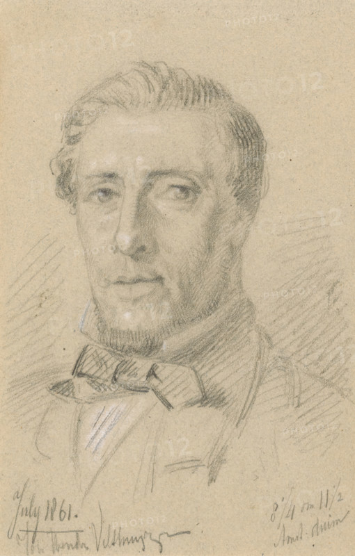 Portrait of a man with a bow tie, drawing, date: 'July 1861', draftsman (artist): Johannes Hendrik Veldhuijzen, 1861-07, draftsman (artist), paper, pencil, heightened with white, on grey paper, height 208 mm x width 133 mm, A detailed pencil sketch of a man shown from the chest up facing slightly to viewer left, with short combed hair, prominent brows, a straight nose, and a trimmed mustache and small beard on the chin; his eyes look forward and his expression is neutral. He wears a collared shirt with a bow tied at the neck and a jacket over it. The shading emphasizes facial contours and hair texture, and loose sketch lines suggest the shoulders and clothing. The drawing is on textured beige paper and includes faint scribbled marks near the bottom edge.