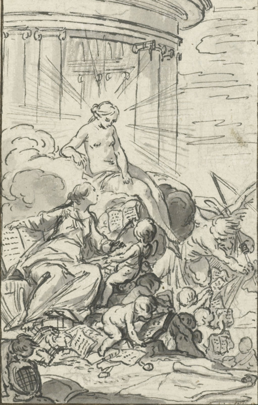 Allegory of History Studying Truth, drawing, design, Originally intended as a design for a frontispiece, but ultimately, not used, verso, signature, recto, lower right, pen and brown ink: 'Cochin filius del', inscription:, lower left, on the old mount, pen and brown ink: 'CN Cochin filius delin', annotation, pencil: 'Jombert 154, Ce dessin n'a point été, gravé', draftsman (artist): Charles Nicolas Cochin (II), before c. 1746, Charles Nicolas Cochin (II), draftsman (artist), inorganic material, materials by function, paper, ink, chalk, pen, brush, pen and brush in gray over underdrawing in black chalk, height 126 mm x width 82 mm, height 208 mm x width 161 mm, Originally intended as a design for a frontispiece of Nouvel Abregé chronologique de l'histoire de France, but ultimately not used., 'Historia', Truth, 'Verità' (Ripa), Time denuding Truth, A monochrome ink drawing shows a partially draped female figure seated on clouds beneath an architectural semicircular structure with columns,...