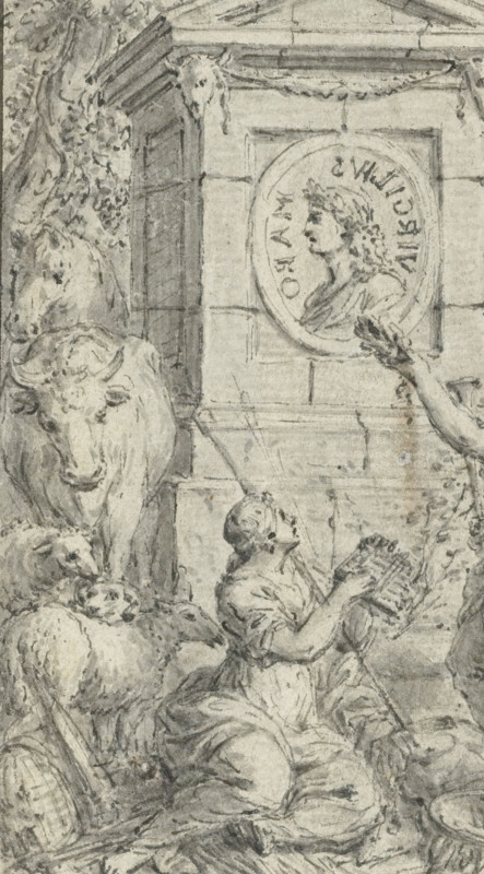 Shepherdesses admiring a medallion portrait of Virgil, drawing, design, Design for a print., recto, draftsman (artist): Ferdinand Delamonce, c. 1708 - c. 1718, draftsman (artist), inorganic material, paper, chalk, brush, black chalk and brush in gray and white, height 128 mm x width 74 mm, Person, Publius Vergilius Maro, herding, herdsman, herdswoman, shepherd, shepherdess, cowherd, grave-building, monumental tomb, A grayscale drawing showing a seated figure in draped clothing looking upward while holding a small rectangular object with visible grooves, positioned among drapery and other figures. To the left, a large bovine head and upper body loom behind a smaller animal figure partially visible at the lower edge. Behind the seated figure, a rectangular architectural wall with horizontal stone blocks is visible, featuring a circular medallion with a human profile in relief set into a framed panel. An arm extends into the frame from the right, holding a floral spray toward the medallio...
