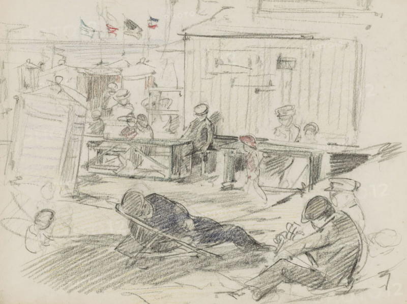 Beach scene with figures and changing rooms, sketchbook page, On the beach, a number of figures are sitting in front of a wooden hut. In the background, a row of changing rooms with flags on them. In the foreground, a man is sleeping in a deck chair. Page 11 recto from a sketchbook with 17 pages., draftsman (artist): Monogrammist DS (draughtsman), c. 1850 - c. 1950, draftsman (artist), inorganic material, paper, chalk, black and colored chalk, height 252 mm x width 325 mm, beach (as place of recreation), hut, cabin, lodge, A lightly sketched scene rendered in pencil with small touches of color shows a room with vertical wooden panels at the back and a long counter or table across the middle ground where several figures stand and sit. Behind and around the counter are small, loosely drawn figures wearing hats and caps, some seen in profile and some facing forward, and a figure in a uniform with a peaked cap stands near the right side. In front of the counter a childlike figure in a colo...