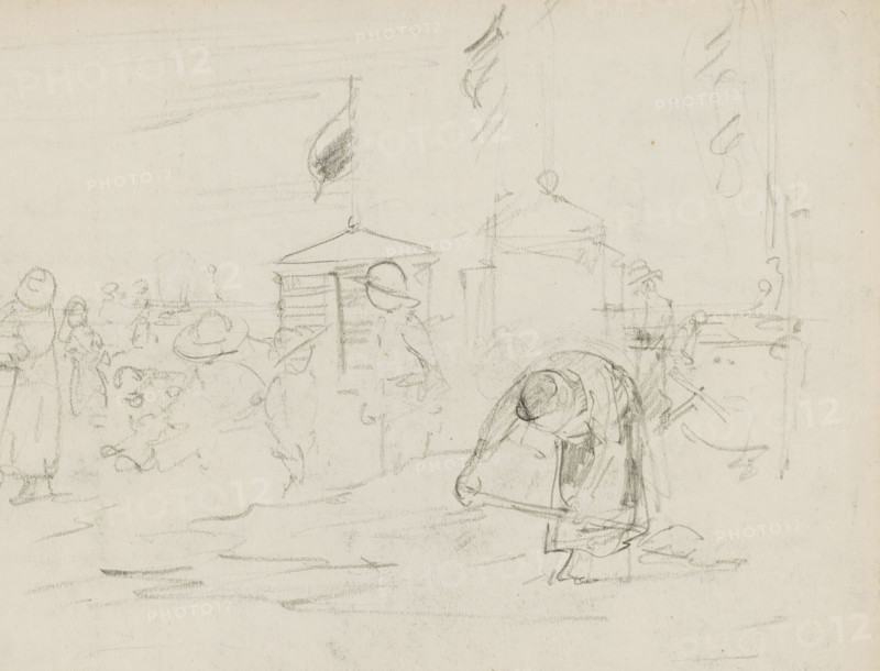 Beach scene with figures and changing rooms, sketchbook page, In the foreground a woman bent over with a shovel. Page 13 recto from a sketchbook with 17 pages., draftsman (artist): Monogrammist DS (draughtsman), c. 1850 - c. 1950, draftsman (artist), inorganic material, paper, chalk, black chalk, height 252 mm x width 325 mm, beach (as place of recreation), hut, cabin, lodge, A pale, lightly textured paper with faint pencil sketches showing several loosely drawn figures and architectural elements; a central figure wearing a hat and cloak appears bent over holding a rectangular object, other standing figures in hats and cloaks are scattered nearby, and indistinct groupings of people occupy the left side; simple outlines of small roofed structures and vertical poles with hanging shapes appear toward the middle and right, while quick, horizontal pencil strokes suggest ground and distant space across the composition.