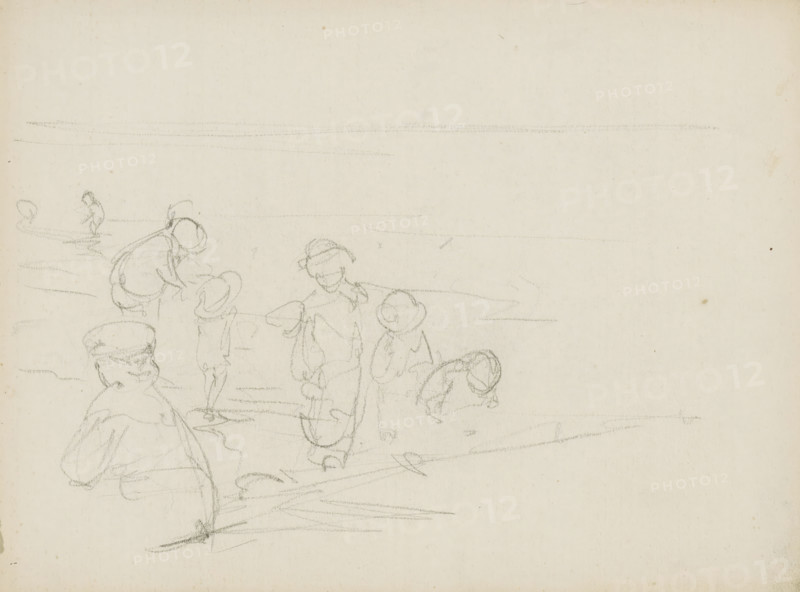 Children playing at the waterline, sketchbook page, Page 14 verso from a sketchbook with 17 pages., draftsman (artist): Monogrammist DS (draughtsman), c. 1850 - c. 1950, draftsman (artist), inorganic material, paper, chalk, black chalk, height 252 mm x width 325 mm, in or beside the water (on the beach), A pale sheet with faint pencil sketches showing several loosely drawn figures wearing rounded hats and simple clothing, some standing and some bent over, with light horizontal pencil lines across the page and minimal shading.