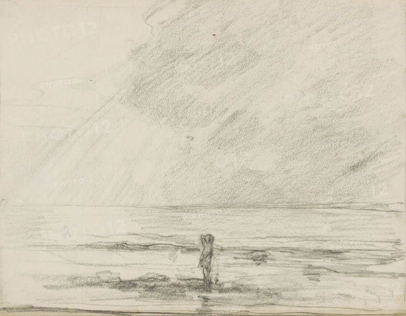 Seascape with a standing figure at the waterline, sketchbook page, Drawing in a frame. Page 16 verso from a sketchbook with 17 pages., draftsman (artist): Monogrammist DS (draughtsman), c. 1850 - c. 1950, draftsman (artist), inorganic material, paper, chalk, black chalk, height 252 mm x width 325 mm, sea (seascape) (landscape with figures, staffage), A wide, lightly shaded sky occupies the upper area with soft, diagonal pencil strokes forming cloudlike shapes, while below a broad, horizontal band suggests a calm sea with gentle rippling marks; near the lower center a solitary, standing figure faces the water, sketched with simple vertical strokes and subtle shading, and the foreground shows darker, smudged pencil textures indicating wet sand or shoreline.