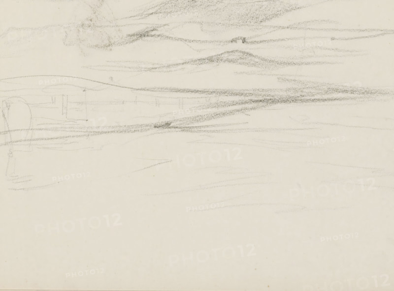 Seascape, sketchbook page, Page 4 recto from a sketchbook with 17 pages., draftsman (artist): Monogrammist DS (draughtsman), c. 1850 - c. 1950, draftsman (artist), inorganic material, paper, chalk, black chalk, height 252 mm x width 325 mm, sea (seascape), A light-colored sheet with faint, sketchy pencil marks concentrated near the top third, showing horizontal, wispy strokes and gentle curved lines that suggest distant shapes, with more diffuse, lighter pencil shading spread across the middle area and sparse, faint horizontal lines toward the lower half, leaving a mostly blank lower portion.