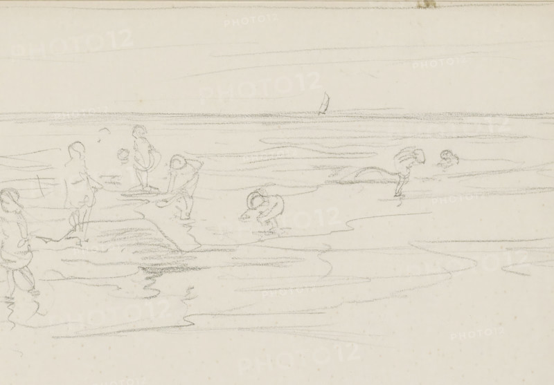 Beach scene with children playing at the waterline, sketchbook page, Drawing in a frame. Page 7 recto from a sketchbook with 17 pages., draftsman (artist): Monogrammist DS (draughtsman), c. 1850 - c. 1950, draftsman (artist), inorganic material, paper, chalk, black chalk, height 252 mm x width 325 mm, sleeping in chair, in or beside the water (on the beach), A wide pale scene rendered in light pencil shows a shoreline with faint horizontal lines suggesting water and distant horizon, with small, simple human figures sketched along the edge and standing or bending in the shallow water, some holding round objects and others leaning forward; a tiny sailboat is visible near the horizon, and soft, wispy horizontal marks across the sky and water create a calm, minimal composition.