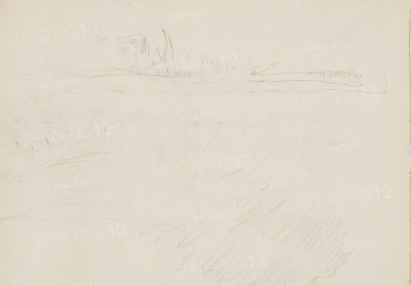 Landscapes, sketchbook page, Page 8 verso from a sketchbook with 17 pages., draftsman (artist): Monogrammist DS (draughtsman), c. 1850 - c. 1950, draftsman (artist), inorganic material, paper, chalk, black chalk, height 252 mm x width 325 mm, A pale, off-white sheet fills the frame with faint graphite pencil marks and smudges scattered across the surface, including light horizontal lines near the top, short vertical and curved strokes suggesting rough shapes, and softer shaded areas and diagonal scribbles toward the lower half, all on a slightly textured background with minor discoloration and tiny specks.