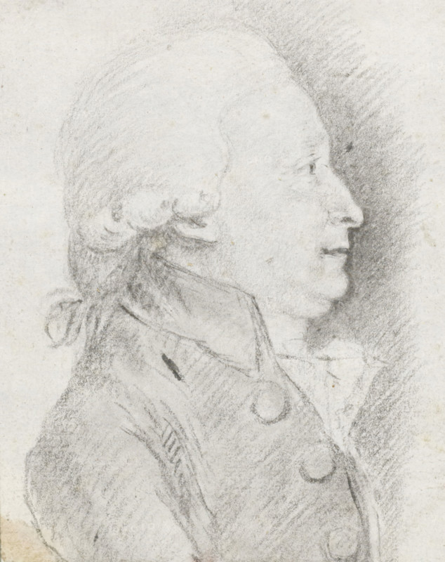 Profile portrait of an older man with a wig, drawing, verso, on the mount, draftsman (artist): manner of Augustin de Saint-Aubin, 1750 - 1840, draftsman (artist), Manner of, inorganic material, paper, chalk, black chalk, height 94 mm x width 75 mm, historical persons not known by name, wig, A pencil sketch of a man's profile facing right showing his head, neck, and upper torso, with hair pulled back and tied at the nape, a prominent nose and closed mouth, subtle shading around the eye and cheek, a high collar and a coat with visible buttons and folds, and soft, textured shading filling the background on the right side.
