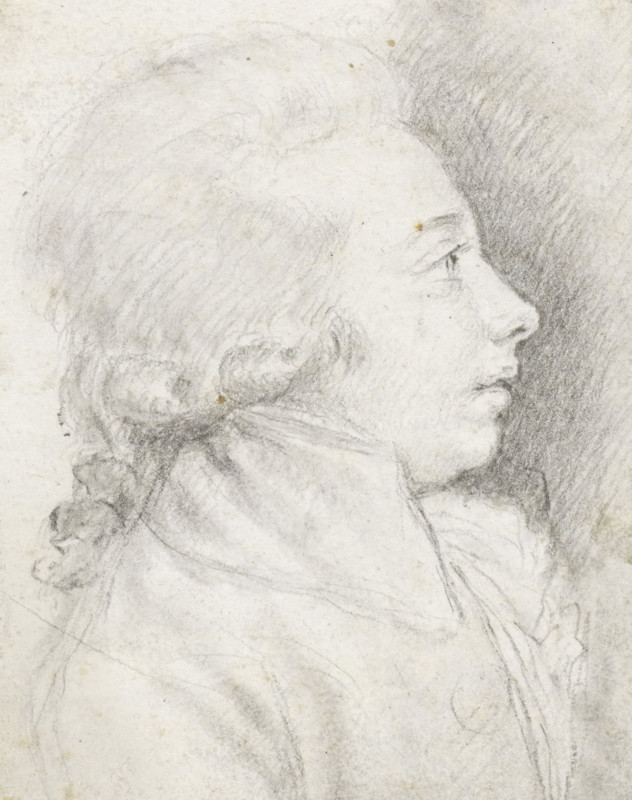 Profile portrait of a young man with a wig, drawing, verso, on the mount, draftsman (artist): manner of Augustin de Saint-Aubin, 1750 - 1840, draftsman (artist), Manner of, inorganic material, paper, chalk, black chalk, height 85 mm x width 67 mm, historical persons not known by name, A charcoal or graphite profile portrait of a person facing right, showing a pale textured paper background, detailed facial features including an eye, nose, lips, and chin, hair swept back with loose curls at the nape, a high collar or scarf around the neck, and shaded areas to the right creating contrast.