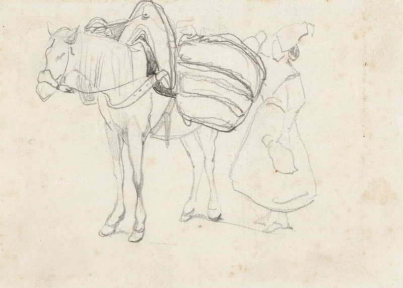 Woman by a loaded horse, drawing, draftsman (artist): Johannes Bosboom, 1827 - 1891, draftsman (artist), paper, pencil, height 103 mm x width 144 mm, animal mounts, pack-animals, A pencil sketch on aged paper showing a side view of a draft animal with a saddle-like pack on its back and a bridle on its head, its legs and hooves lightly drawn, and beside it a loosely sketched standing human figure wearing a long garment and a head covering, with a small bag or pouch hanging at the figure's side.