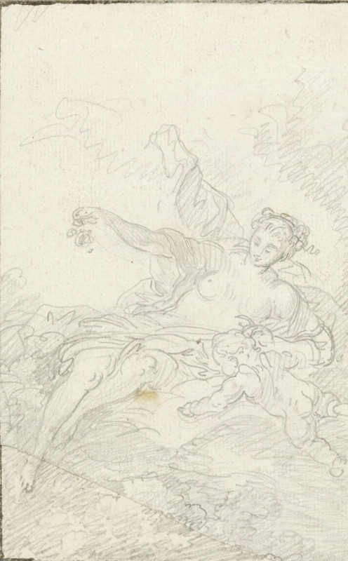 Aurora (after Boucher), drawing, Flower-strewing goddess with a putto on clouds, after painting by François Boucher, Paris, draftsman (artist): attributed to Jean Baptiste Henri Deshays, after 1769 - before 1825, draftsman (artist), Attributed to, paper, pencil, height 145 mm x width 92 mm, personification of the morning, 'Aurora', A pencil drawing of a reclining female figure with draped fabric, one arm extended upward and the other resting, her torso and breasts visible, her head turned with hair styled in curls and a calm facial expression, surrounded by flowing cloudlike forms. A small cherubic child lies near her legs, reaching toward her with chubby limbs and a rounded face. Soft, sketchy shading and contour lines define the figures and suggest folds of cloth and billowing clouds around them, with light pencil hatch marks filling the background.