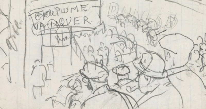 Public at a cycling race, drawing, draftsman (artist): Leo Gestel, 1891 - 1941, draftsman (artist), paper, coal, organic material, lined paper, charcoal stick, pencil, pencil with charcoal on lined paper, height 91 mm x width 151 mm, crowd, mob, bicycle racing, A pencil sketch on lined paper showing a crowd of loosely drawn figures, many wearing rounded head coverings, gathered in front of a rectangular structure with a canopy and hanging decorations, with additional sketchy figures and curved shapes in the background and rough scribbled lines suggesting signage or banners above the structure.