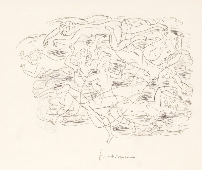 Swimming naked women, drawing, watermark: 'GW, PAPER, 1671', :, draftsman (artist): Leo Gestel, 1891 - 1941, draftsman (artist), materials by function, paper, ink, pencil, pen, pen in black over pencil, height 209 mm x width 260 mm, swimming (movement in water) - AA - female human figure (nude human being), A light pencil drawing on a pale background showing multiple nude figures with curly hair arranged in overlapping, flowing poses among cloud-like swirls, their limbs extended and intertwined with loose, sketchy lines and areas of darker hatching, several faces turned in different directions with simple facial features, and a cluster of figures concentrated toward the upper center and right of the image.
