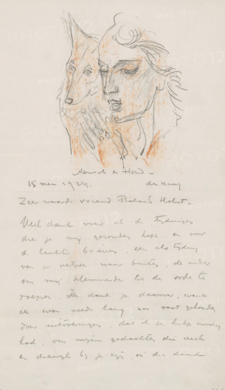 Letter to Richard Roland Holst, letter, writer (clerical worker): Willem van Konijnenburg, The Hague, 1924-05-24, writer (clerical worker), draftsman (artist), inorganic material, materials by function, paper, ink, pencil, chalk, writing (processes), height 425 mm x width 425 mm, Person, Jan Mankes, Richard Nicolaüs Roland Holst, dog, the graphic arts, head (human), A pencil and light orange sketch near the top of the page shows a human face in profile next to an animal head with pointed ears, both rendered with loose, flowing lines and shaded areas; below the drawing faint handwritten lines cover the lower portion of the page, written in a cursive style that varies in darkness, while the background is a pale, slightly textured paper with small smudges and spots.