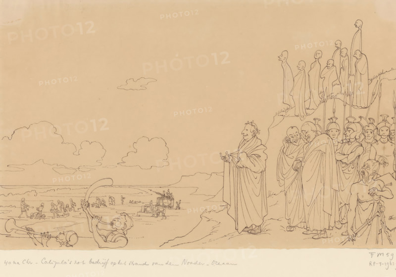 40 AD, Caligula's foolish business on the beach of the North Sea (original title), drawing, cartoon, Emperor Caligula has the Roman army collect shells on the beach of the North Sea. In the year 40. Part of the folder with 18 drawings reproduced in Johan Huizinga's 'Keur van gedenkwaardige tafereelen uit de vaderlandsche historiën' from 1950., draftsman (artist): Johan Huizinga, Netherlands, 1893 - 1895, draftsman (artist), materials by function, paper, pencil, ink, pen, pen in black over pencil, height 210 mm x width 344 mm, Person, Caligula (Emperor of the Roman Empire), beach, 98B(CALIGULA, Gaius)9 male persons from classical history (CALIGULA, Gaius) - portrait of person from classical history, Roman period in the Netherlands, North Sea, Period, 40, A wide landscape drawing shows a shoreline with a calm horizon and scattered clouds, populated by many small figures along the water and on the beach engaged in varied activities. In the foreground to the right, a group of robed figures...