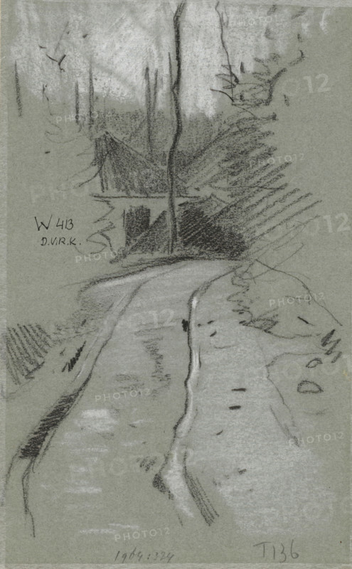 Country road, drawing, number: 'T 136', draftsman (artist): Willem Witsen, 1870 - 1923, draftsman (artist), inorganic material, paper, chalk, black and white chalk on blue paper, height 208 mm x width 128 mm, forest, wood, A narrow charcoal sketch on gray paper depicting a winding road or path running from the foreground toward the background, flanked by rough, sketchy vegetation and brush on either side, with a tall, thin tree trunk rising near the center and suggested vertical lines of other slender trunks in the background, areas of darker shading indicating denser foliage, and lighter smudged tones suggesting sky or distant light.