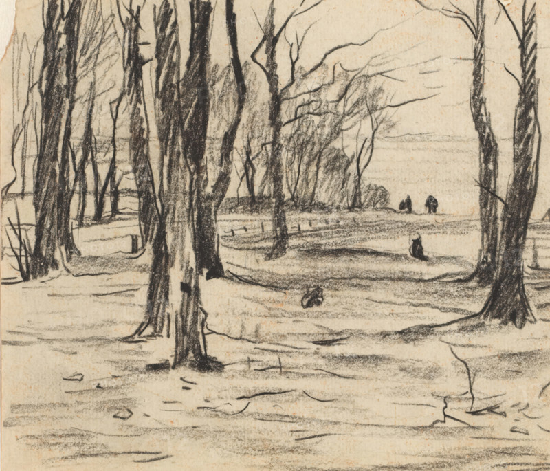 Trees in winter landscape, drawing, draftsman (artist): Willem Witsen, 1870 - 1923, draftsman (artist), inorganic material, paper, chalk, height 137 mm x width 158 mm, trees, A charcoal sketch of a wooded landscape showing tall, slender tree trunks and bare branches in the foreground and midground, with textured ground shading and scattered fallen sticks, a distant shoreline or open area visible through the trees, and a few small dark figures or shapes near the horizon.