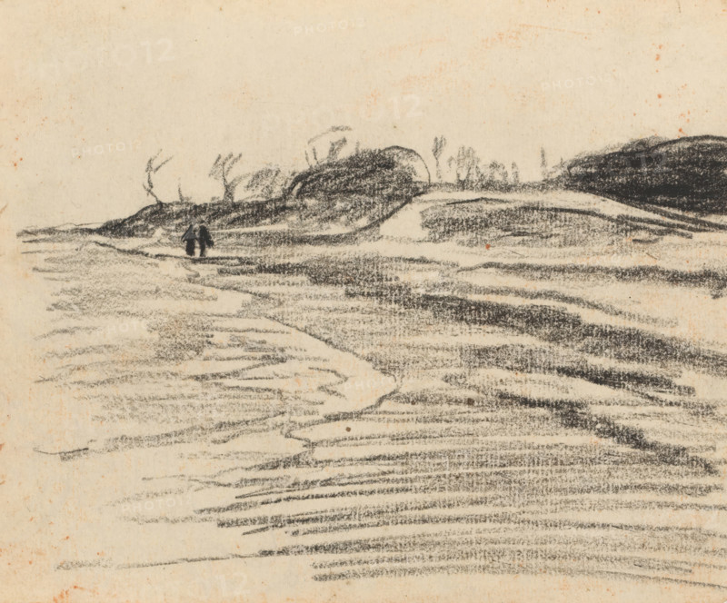 Landscape with dike, drawing, draftsman (artist): Willem Witsen, 1870 - 1923, draftsman (artist), inorganic material, paper, chalk, height 137 mm x width 168 mm, landscapes, A textured paper background with charcoal or pencil marks forming a wide, horizontal landscape featuring layered, sweeping strokes across the foreground and midground, darker shaded mounds and ridges along the middle of the scene, sparse vertical marks suggesting small, bare tree shapes on the horizon, and two small dark figures standing near the base of a darker hill.