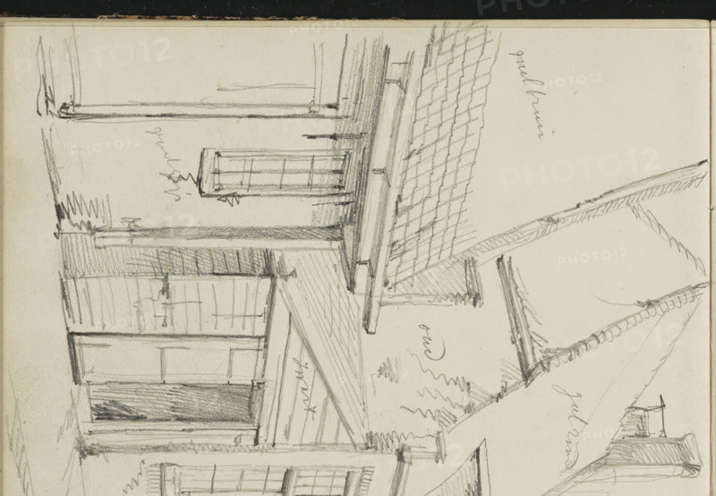 Street with rows of houses, sketchbook page, Page 2 recto from a sketchbook with 24 pages., draftsman (artist): Willem Koekkoek, c. 1888, draftsman (artist), paper, pencil, height 372 mm x width 261 mm, the usual house or row of houses, A pencil sketch of a row of narrow buildings viewed from street level, showing varied rooflines with steep gables and tiled roofs, dormer windows, chimneys, and façades with tall rectangular windows and doors; some buildings have awnings or overhangs and visible wooden siding, while shading and hatching indicate texture and depth on walls, roofs, and window frames, and the street in front is sketched with light lines.