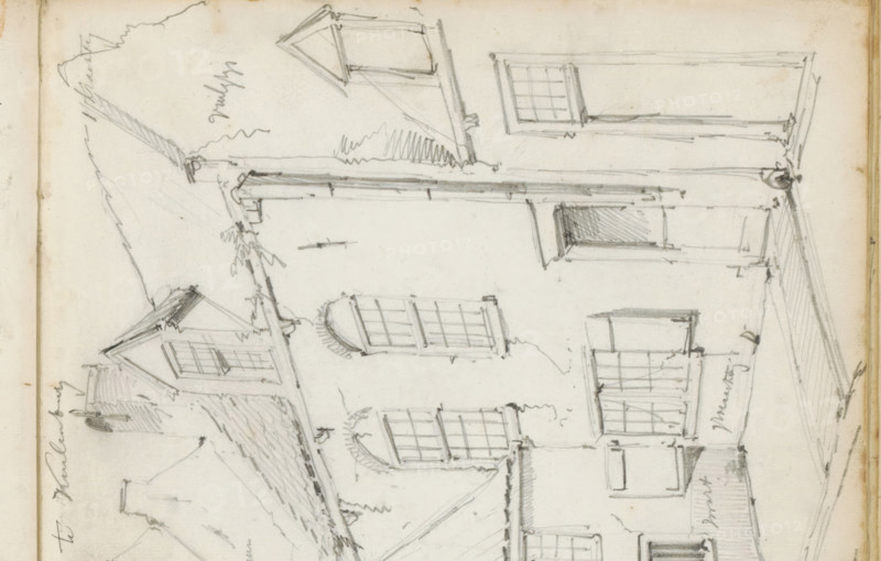 Street behind the church in Culemborg, sketchbook page, Page 30 verso from a sketchbook with 42 pages., annotation: 'behind the church in Kuilenburg', draftsman (artist): Willem Koekkoek, Culemborg, 1849 - 1895, draftsman (artist), paper, pencil, height 428 mm x width 278 mm, street, A pencil sketch of a narrow street lined with closely spaced buildings with pitched roofs and chimneys, showing multiple windows of different shapes and sizes including some with shutters and arched tops, a few dormer windows, and a small projecting bay with a sloped roof; the street slopes slightly and recedes into the distance where a taller building with several windows is visible, while trees with shaded foliage fill the left upper area and a wall-mounted street lamp projects from a building on the left, all rendered with varied pencil hatching and light sketch lines on a light paper background.