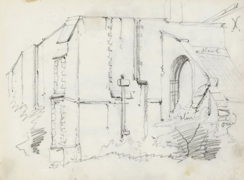 Exterior of a church wall with a buttress, sketchbook page, Page 7 recto from a sketchbook with 26 pages., annotation: 'plank', draftsman (artist): Willem Koekkoek, 1849 - 1895, draftsman (artist), paper, pencil, height 199 mm x width 260 mm, parts of church exterior and annexes, A pencil sketch of a building facade showing vertical walls, decorative corner stonework, and a rounded arched opening on the right with shading inside the arch, rooflines with angled eaves and tiled surfaces, a vertical pole or post with a small rectangular element near its top standing in front of the wall, loosely drawn foliage and ground shading at the base, and various construction details rendered with quick sketch lines and hatching.