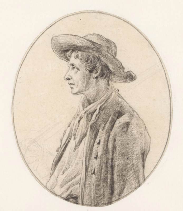 Study of a man with a hat, in profile, facing left, drawing, draftsman (artist): Johannes Christiaan Schotel, 1797 - 1838, draftsman (artist), inorganic material, paper, pencil, chalk, pencil and black chalk, height 143 mm x width 117 mm, standing figure, head-gear: hat (men's clothes), male sex, man, A charcoal drawing of a man in profile facing left, wearing a wide-brimmed hat and a loose shirt with a tied scarf at the neck, shown from the chest up inside an oval frame, with visible textured shading on the hat, hair, face, and clothing against a light paper background.
