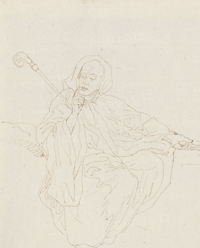 Seated cleric with crook and book, drawing, draftsman (artist): David Pièrre Giottino Humbert de Superville, 1780 - 1849, draftsman (artist), materials by function, paper, ink, pen, pen in brown, height 206 mm x width 165 mm, organization, functions and dignitaries in Roman Catholic church, clergy in general, A simple line drawing on a pale textured background shows a seated figure draped in loose robes and a hood, holding a long staff with a curled top that rests against the shoulder, the figure's face detailed with closed eyes and a contemplative expression, one hand raised with a finger near the mouth and the other hand resting palm up on the garment, folds and flowing lines of fabric defined across the body and extending outward.