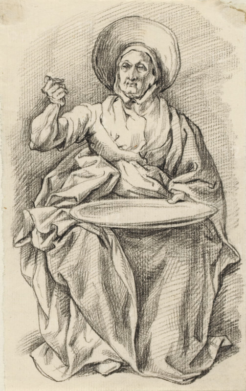 Seated fishwife, drawing, draftsman (artist): David Pièrre Giottino Humbert de Superville, 1780 - 1849, draftsman (artist), inorganic material, paper, chalk, black chalk, height 157 mm x width 97 mm, A charcoal sketch of a seated figure wearing a large round hat and layered draped clothing, with a visible hand raised and the other hand resting on the edge of a shallow round dish held across the lap; the face shows detailed features and a solemn expression, and the background is filled with crosshatched shading while the garments display heavy fold lines and textured shading.
