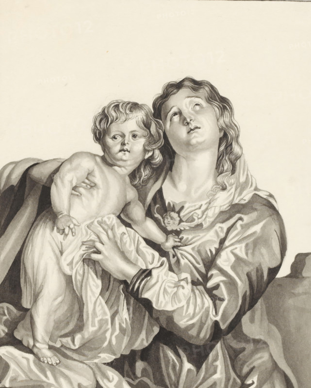 Mary with child, drawing, draftsman (artist): damsel Catharina Kemper, 1824, draftsman (artist), materials by function, paper, ink, pen, brush, pen and brush in gray, height 210 mm x width 168 mm, A grayscale illustration of a woman holding a child, both shown from the waist up, with the woman's head tilted upward and eyes looking up, her wavy hair framing her face and draped fabric around her shoulders, and the child held against her chest with a rounded face and curly hair, one arm resting on the woman's shoulder and the other hand touching the fabric, detailed folds and shadows in the drapery and a largely blank background.