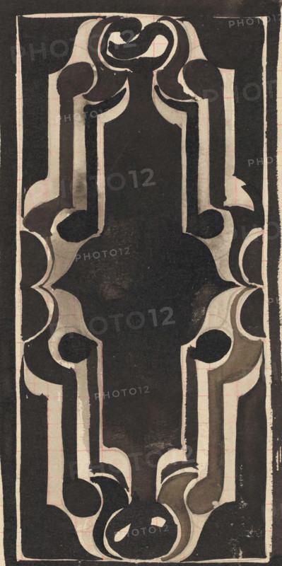 Decorative design, drawing, design, draftsman (artist): Carel Adolph Lion Cachet, 1874 - 1945, draftsman (artist), paper, checkered paper, pencil, brush, pencil and brush in black on checkered paper, height 237 mm x width 126 mm, The image shows a tall, narrow rectangular panel dominated by a central dark shape with symmetrical curved motifs along its vertical edges. Pale, cream-toned outlines trace flowing, scroll-like forms that alternate with rounded, dark ovals and lobed cutouts, creating a mirrored pattern top to bottom. A thin dark border frames the whole composition, and faint grid lines are visible beneath the design, giving a textured, aged paper appearance. The overall palette is muted, with deep charcoal areas contrasted by lighter beige shapes and subtle signs of wear and smudging across the surface.