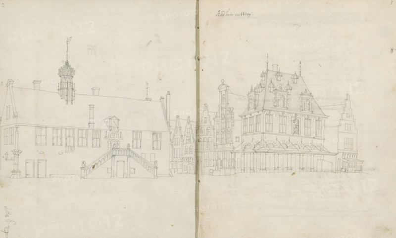 Town Hall and Weigh-House in Hoorn, sketchbook page, Pages 2 and 3 from a sketchbook with 96 pages., annotation: 'Town Hall and Weigh-House', draftsman (artist): Cornelis Pronk, Hoorn (North Holland), draftsman (artist): Abraham de Haen (II), c. 1728 - c. 1732, draftsman (artist), materials by function, paper, pencil, ink, pen, pencil and pen in grey, height 192 mm x width 167 mm, townhall, weigh-house, Town Hall (Hoorn), A wide pencil sketch of a row of buildings across two facing pages, showing architectural details and rooftops; on the left a long building with a sloped roof, multiple rectangular windows, chimneys, a decorative cupola rising above the roof, and an exterior staircase with balustrade leading to an arched doorway, with small human figures on the stairs and near doorways; in the center narrower gabled facades and a tall ornate narrow tower with decorative elements; on the right a larger building with a steep mansard roof featuring dormer windows and finials, tall rectan...