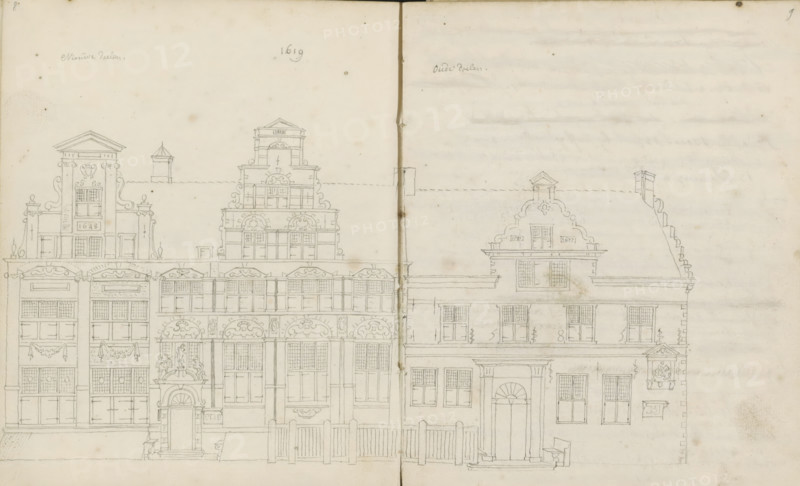 Elevation of the facades of the Nieuwe Doelen and Oude Doelen, sketchbook page, Pages 8 and 9 from a sketchbook with 96 pages., annotation: 'Nieuwedoelen 1619, Oude Doelen, 1648, 1629, 1581 1677', draftsman (artist): Cornelis Pronk, draftsman (artist): Abraham de Haen (II), c. 1728 - c. 1732, draftsman (artist), paper, pencil, pen, pencil and pen in grey, height 192 mm x width 167 mm, façade (of house or building), A wide pencil drawing of a row of ornate multi-story buildings seen from the front, with detailed facades, decorative gables, and many rectangular windows with small panes; the left building shows a pedimented top, scrolllike side ornaments, and an arched doorway with sculptural elements above it, while the center building has a stepped central gable with decorative panels and carved motifs and the right building features a curved gable, a pitched roof with a chimney, a recessed arched entrance, and a small fence or gate in front; the scene is rendered on aged paper with a f...