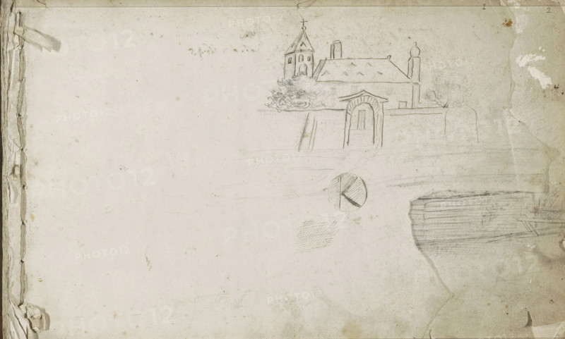 Church behind a wall with a gate and a monogram, sketchbook page, Monogram with the letter 'K' in a circle. Page 1 recto from a sketchbook with 39 pages., 1646 - 1800, draftsman (artist), materials by function, paper, pencil, ink, pen, pen in brown, height 201 mm x width 315 mm, Drawing by anonymous artist on page 1 of a sketchbook with 39 pages by Pieter Moninckx, Eerenbeemd, A., church (exterior), gate, entrance, A wide, aged sheet with light stains and worn edges shows a faint pencil sketch of a building with a pitched roof and a tower topped by a small cross, a low wall with an arched gateway, and clustered foliage near the base of the tower; additional light pencil marks include a shaded circular shape with a diagonal segment, a small swatch of crosshatching, and a darker, horizontally lined shaded area near the right edge, while the left margin displays torn, crumpled paper layers.
