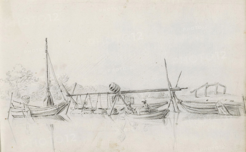 River view with boats at anchor at a fishing spot, sketchbook page, In the foreground two figures in a boat by an arrangement of wooden posts to which baskets for fishing are attached. Page 10 recto from a sketchbook with 39 pages., draftsman (artist): Pieter Moninckx, 1645 - 1646, draftsman (artist), inorganic material, paper, chalk, black chalk, height 201 mm x width 315 mm, river, commercial fishery, A pencil sketch of a shoreline scene showing several small rowboats and a sailboat moored at the water's edge, with masts, spars, and rigging sketched in fine lines; a simple wooden structure stands on posts near the right side of the shore; a horizontal beam supported on a tripod-like frame stretches across part of the scene and is topped by a rounded object; small barrels and baskets lie in and beside the boats, and two seated figures wearing hats appear in one of the boats; lightly drawn trees and foliage form a distant background behind the boats, and faint reflections of the vessel...