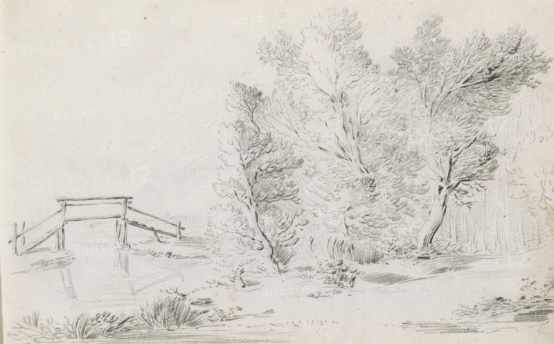 Landscape with a bridge over a river, sketchbook page, Page 11 recto from a sketchbook with 39 pages., draftsman (artist): Pieter Moninckx, 1645 - 1646, draftsman (artist), inorganic material, paper, chalk, black chalk, height 201 mm x width 315 mm, landscape with bridge, viaduct or aqueduct, A pencil sketch showing a small simple wooden footbridge over a calm body of water on the left and a cluster of leafy trees and shrubs occupying the right, with delicate pencil strokes indicating foliage textures, tree trunks, grassy ground, and faint reflections on the water.