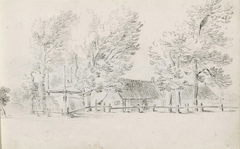 Farm with haystack, sketchbook page, Page 20 recto from a sketchbook with 39 pages., draftsman (artist): Pieter Moninckx, 1645 - 1646, draftsman (artist), inorganic material, paper, chalk, black chalk, height 201 mm x width 315 mm, farm or solitary house in landscape, hay-stack, A pencil sketch showing a rural scene with tall, leafy trees dominating the upper area and framing a small thatched-roof cottage partially visible among the trunks, a simple fence running across the foreground, rough shading suggesting foliage and ground texture, and a few vertical wooden posts and beams near the left side of the cottage.