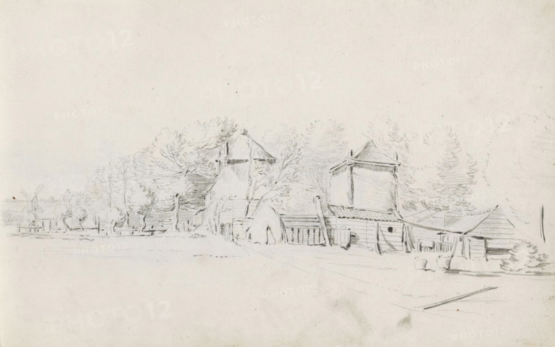 Landscape with two haystacks and farm barns, sketchbook page, Page 22 recto from a sketchbook with 39 pages., draftsman (artist): Pieter Moninckx, 1645 - 1646, draftsman (artist), inorganic material, paper, chalk, black chalk, height 201 mm x width 315 mm, farm or solitary house in landscape, hay-stack, A wide pencil sketch showing a rural scene with a row of simple wooden buildings and sheds along the right side, several with pitched roofs and one with a slatted facade, and small objects like buckets and posts near their bases. Trees with loose, feathery foliage stand behind and between the buildings, their outlines rendered with light, repeated strokes. Toward the left, a windmill with angled sails is visible near the horizon, accompanied by additional small trees and low structures. The foreground is mostly open, lightly shaded ground with faint marks suggesting a path or road leading toward the buildings. The overall tone is pale with delicate, sparse pencil lines and areas of soft...