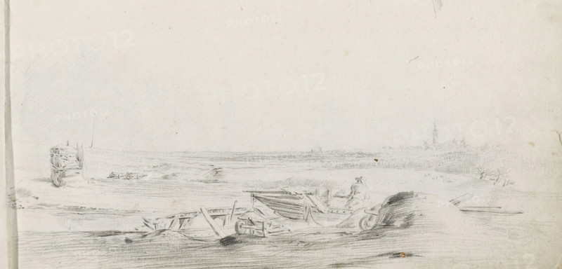 Landscape with a haystack and man by a boat, sketchbook page, Landscape with a boat on the bank of a river in the foreground. A man is loading or unloading the boats with the aid of wheelbarrows and other tools, possibly with hay from the haystack. Page 3 recto from a sketchbook with 39 pages., draftsman (artist): Pieter Moninckx, 1645 - 1646, draftsman (artist), inorganic material, paper, chalk, black chalk, height 201 mm x width 315 mm, hand-cart, hay-stack, boat propelled by man or animal, traffic and transport (loading), A wide pencil drawing of a flat riverside landscape showing small wooden boats and broken planks in the foreground, a seated figure near a boat, scattered wooden debris, faint rippled water and shoreline lines extending into the distance, a distant cluster of buildings with a tall tower on the horizon, lightly sketched vegetation and low dunes, and a mostly blank sky above.